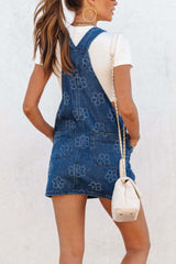 Flower Print Square Neck Denim Overall Dress OutfitFlow