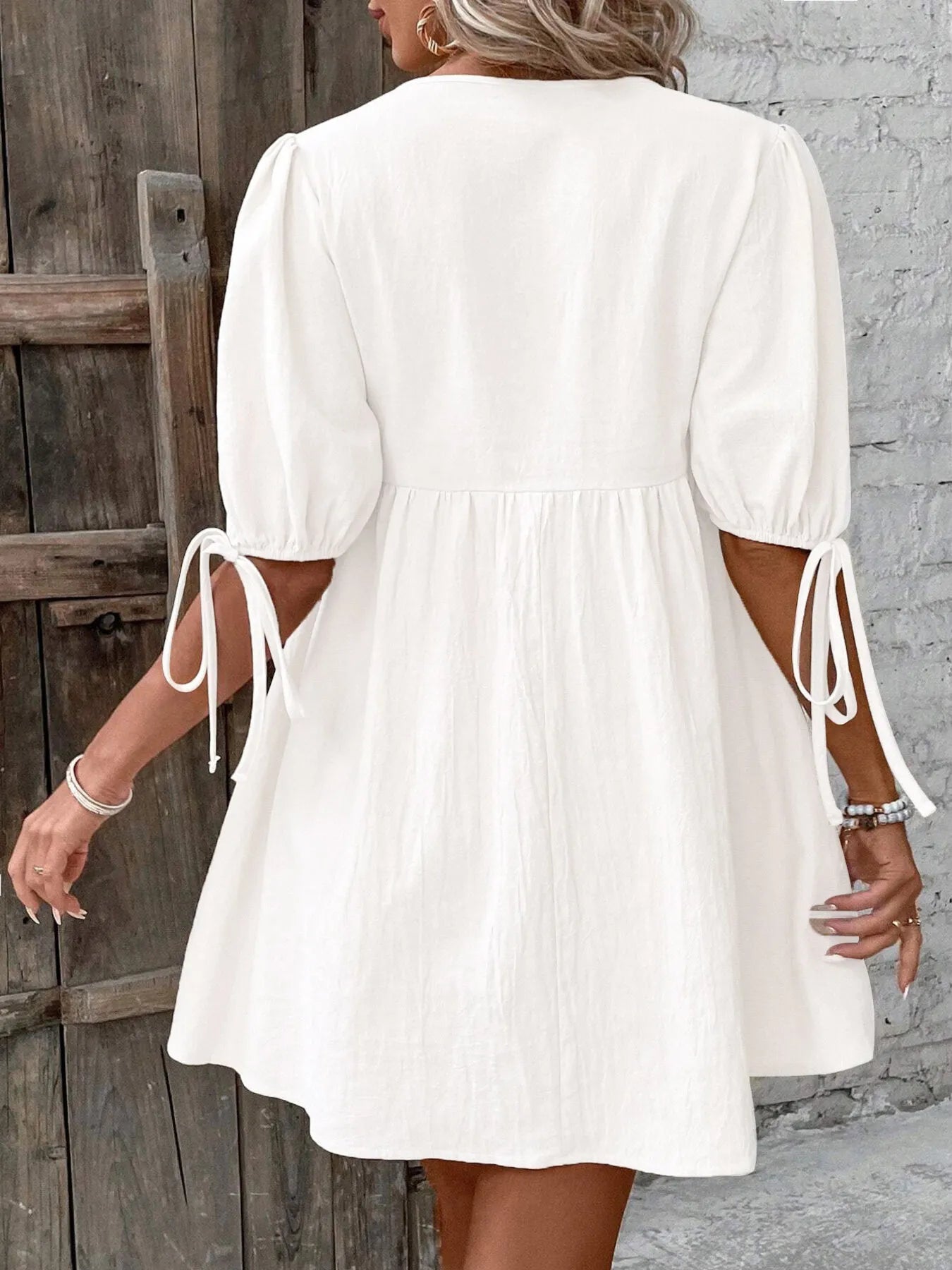 V-Neck Tie-Front Mini Dress with Puff Sleeves OutfitFlow
