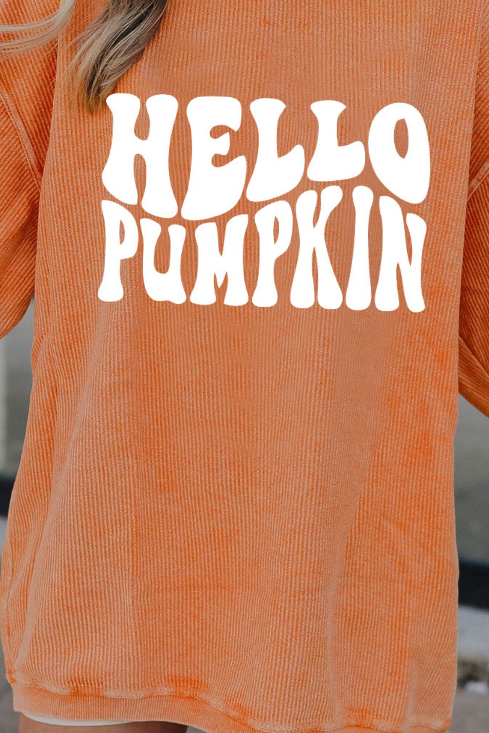Round Neck Dropped Shoulder HELLO PUMPKIN Graphic Sweatshirt OutfitFlow