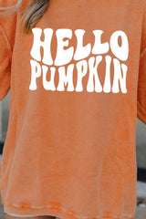 Round Neck Dropped Shoulder HELLO PUMPKIN Graphic Sweatshirt OutfitFlow