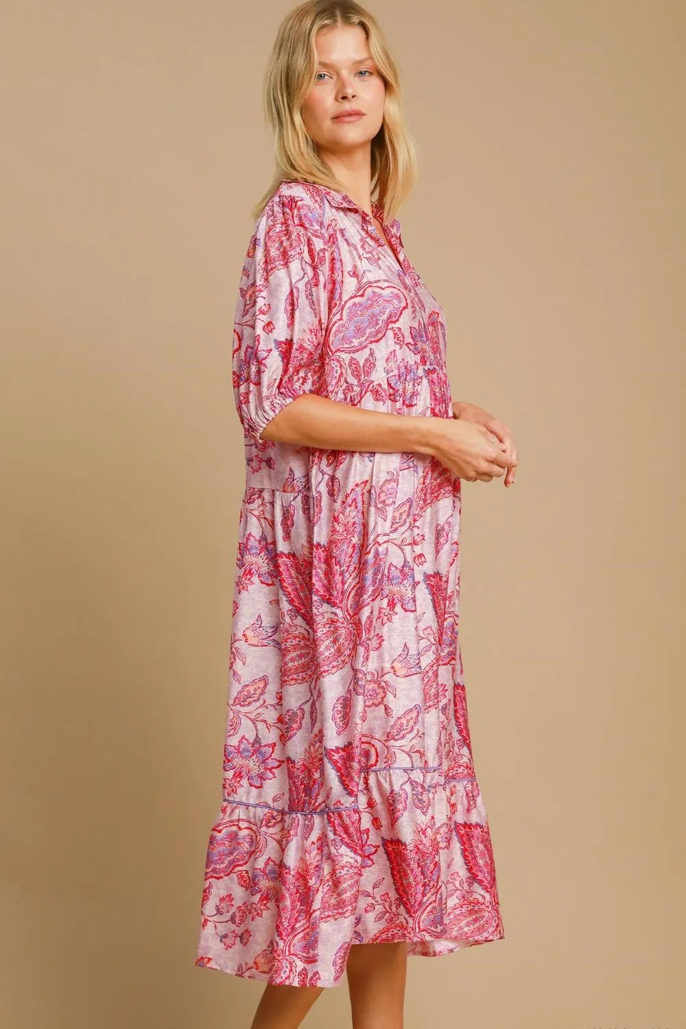 Umgee Full Size Ruffled Hem Floral Paisley Print Half Sleeve Midi Dress Plus Size OutfitFlow