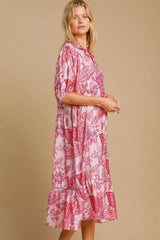 Umgee Full Size Ruffled Hem Floral Paisley Print Half Sleeve Midi Dress Plus Size OutfitFlow