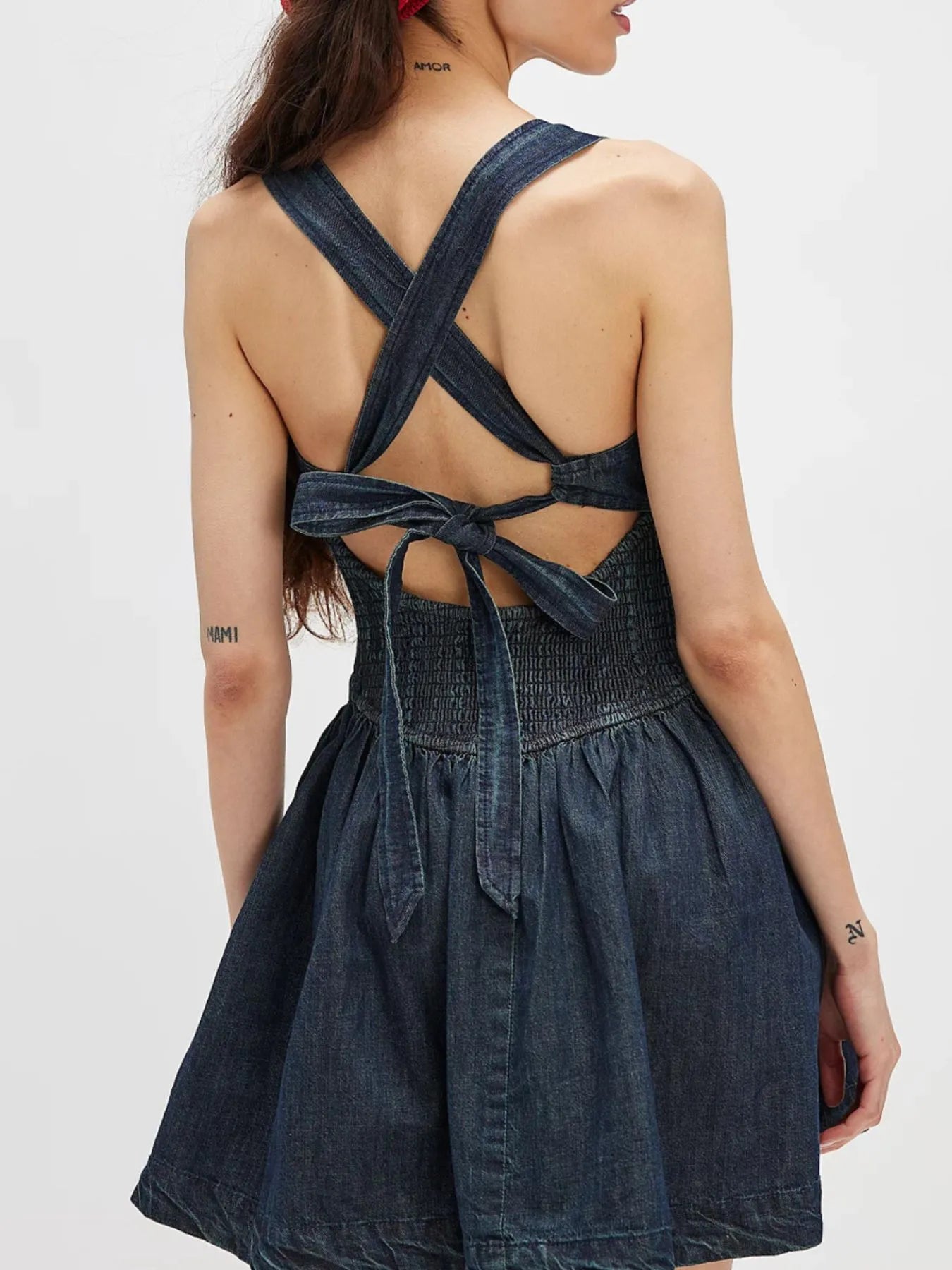 Smocked Crisscross Back Denim Mini Dress OutfitFlow