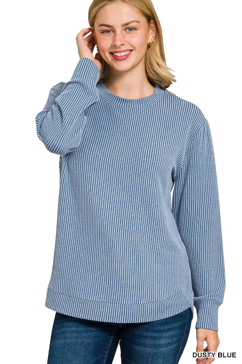 Zenana Full Size Raised Rib Round Neck Long Sleeve Top Plus Size DUSTY BLUE OutfitFlow