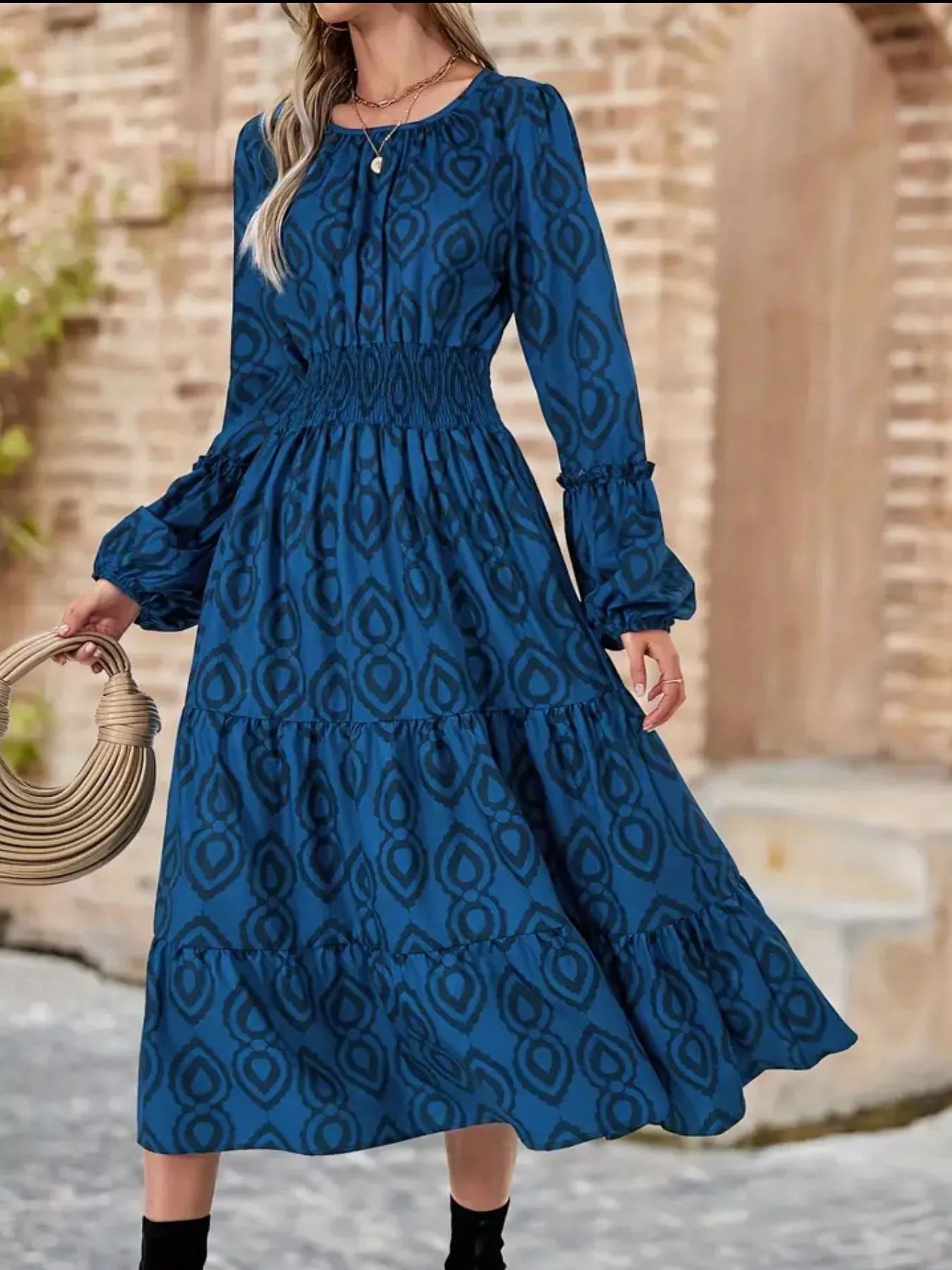 Smocked Round Neck Balloon Sleeve Midi Dress OutfitFlow