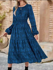 Smocked Round Neck Balloon Sleeve Midi Dress OutfitFlow
