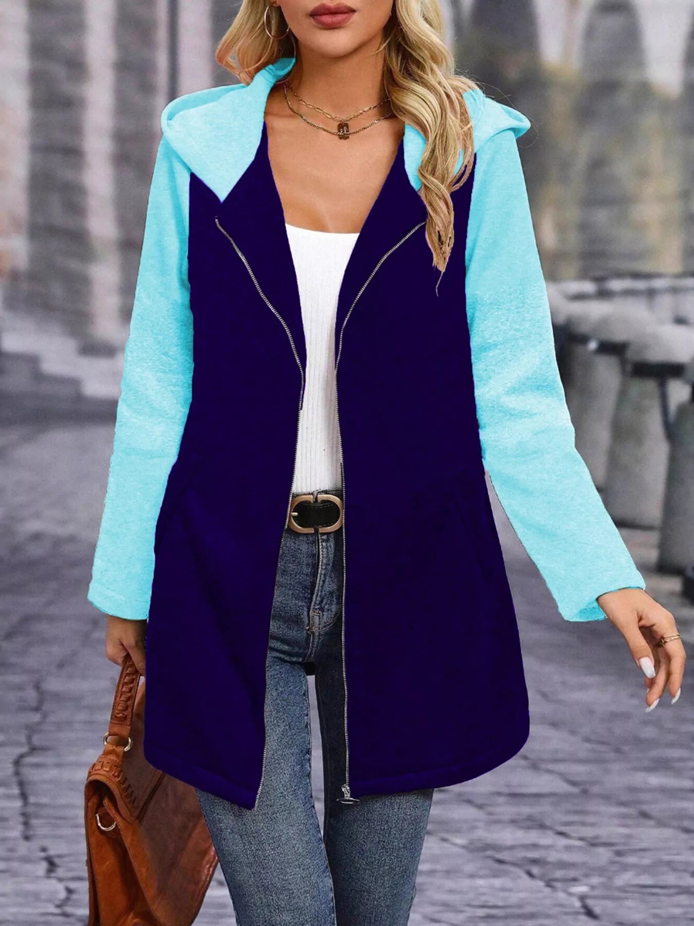 Full Size Zip Up Hooded Longline Outerwear Plus Size Navy OutfitFlow