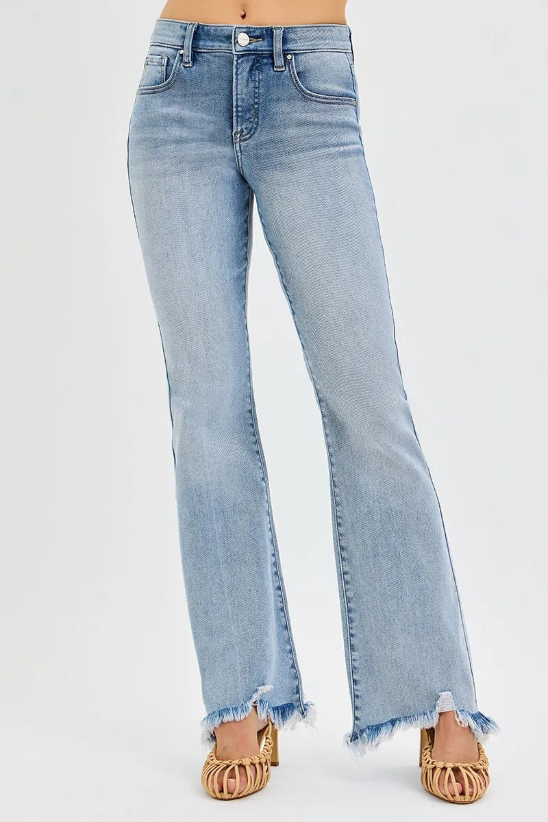 RISEN Full Size Tummy Control Mid Rise Flare Jeans with Fray Hem Detailed Plus Size Trendsi