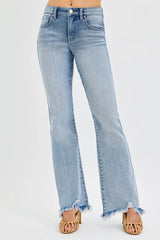 RISEN Full Size Tummy Control Mid Rise Flare Jeans with Fray Hem Detailed Plus Size Trendsi