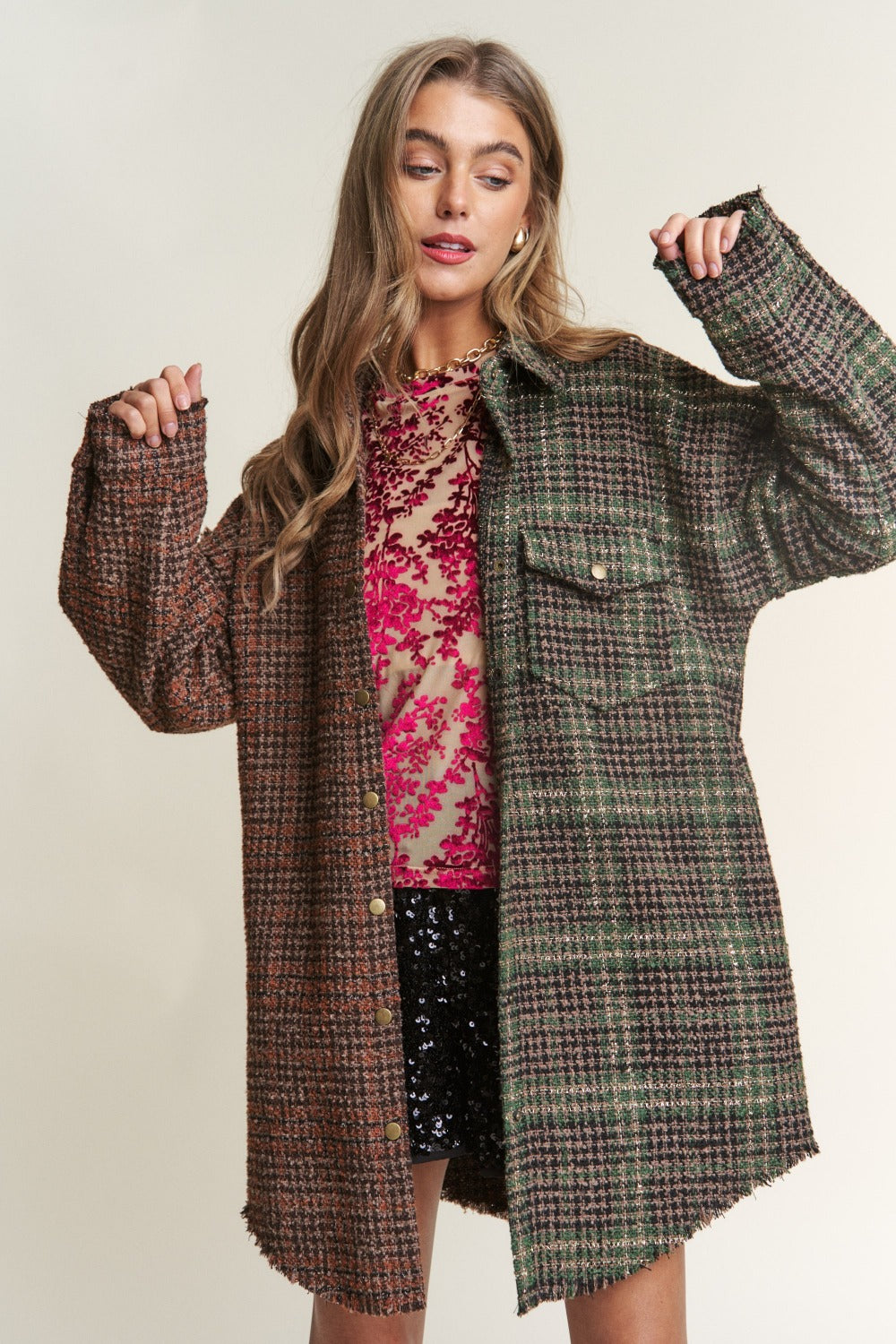 J.NNA Snap Down Tweed Plaid Contrast Longline Jacket