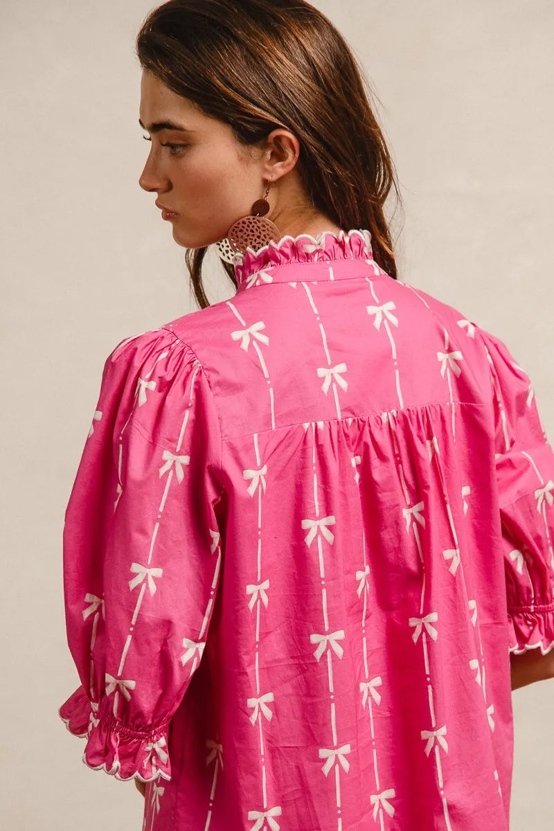 BiBi Ribbon Patterns With Scallops Edge Details Short Sleeve Dress OutfitFlow