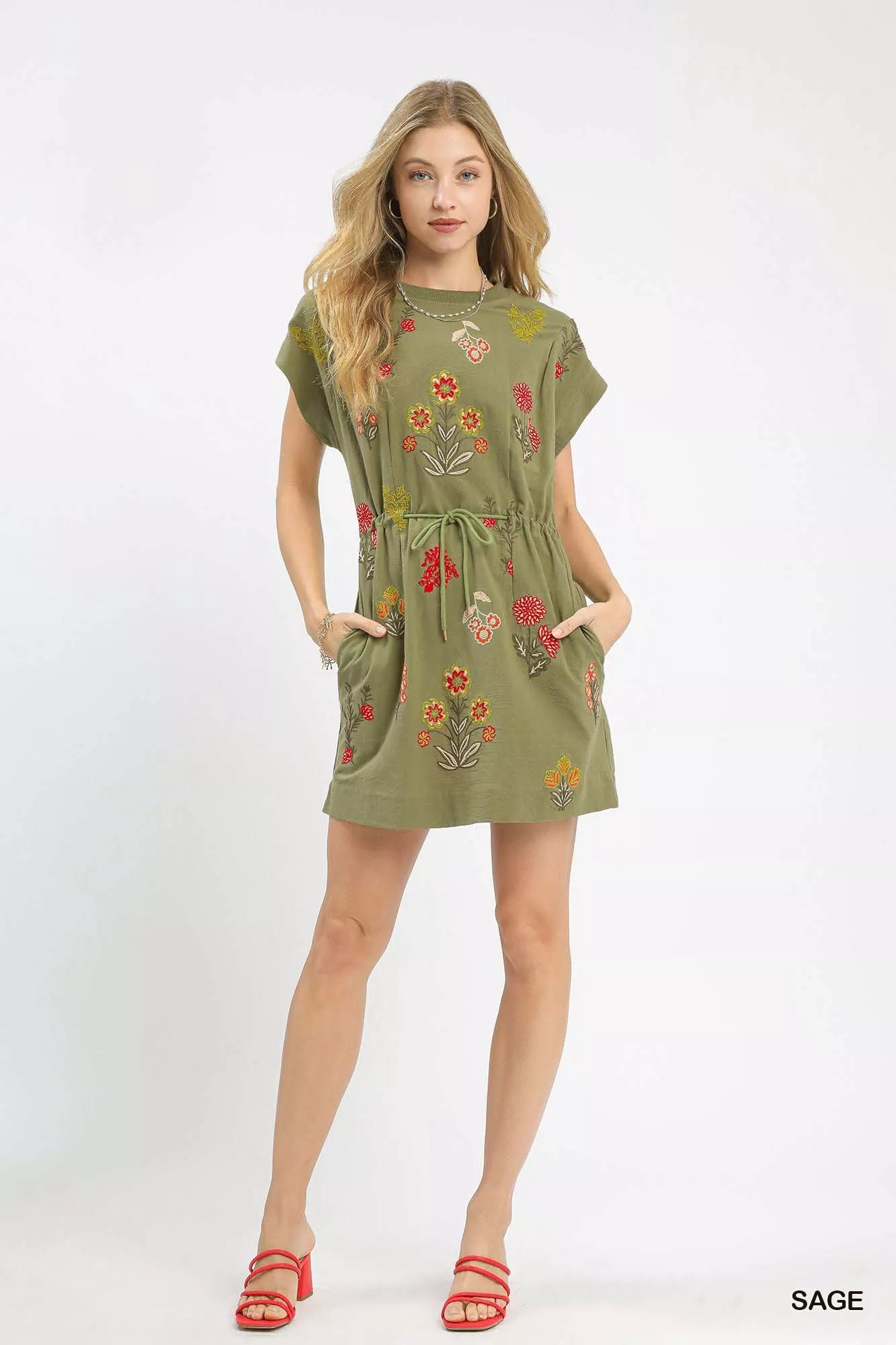 Umgee Embroidered Floral Mini Dress with Waist Tie OutfitFlow