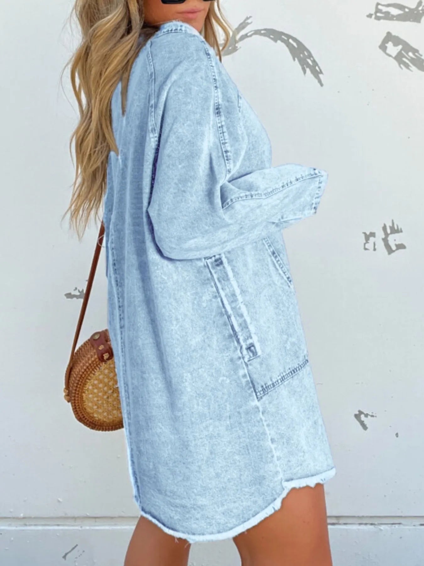 Full Size Button-Front Long Sleeve Denim Shirt Dress Plus Size OutfitFlow