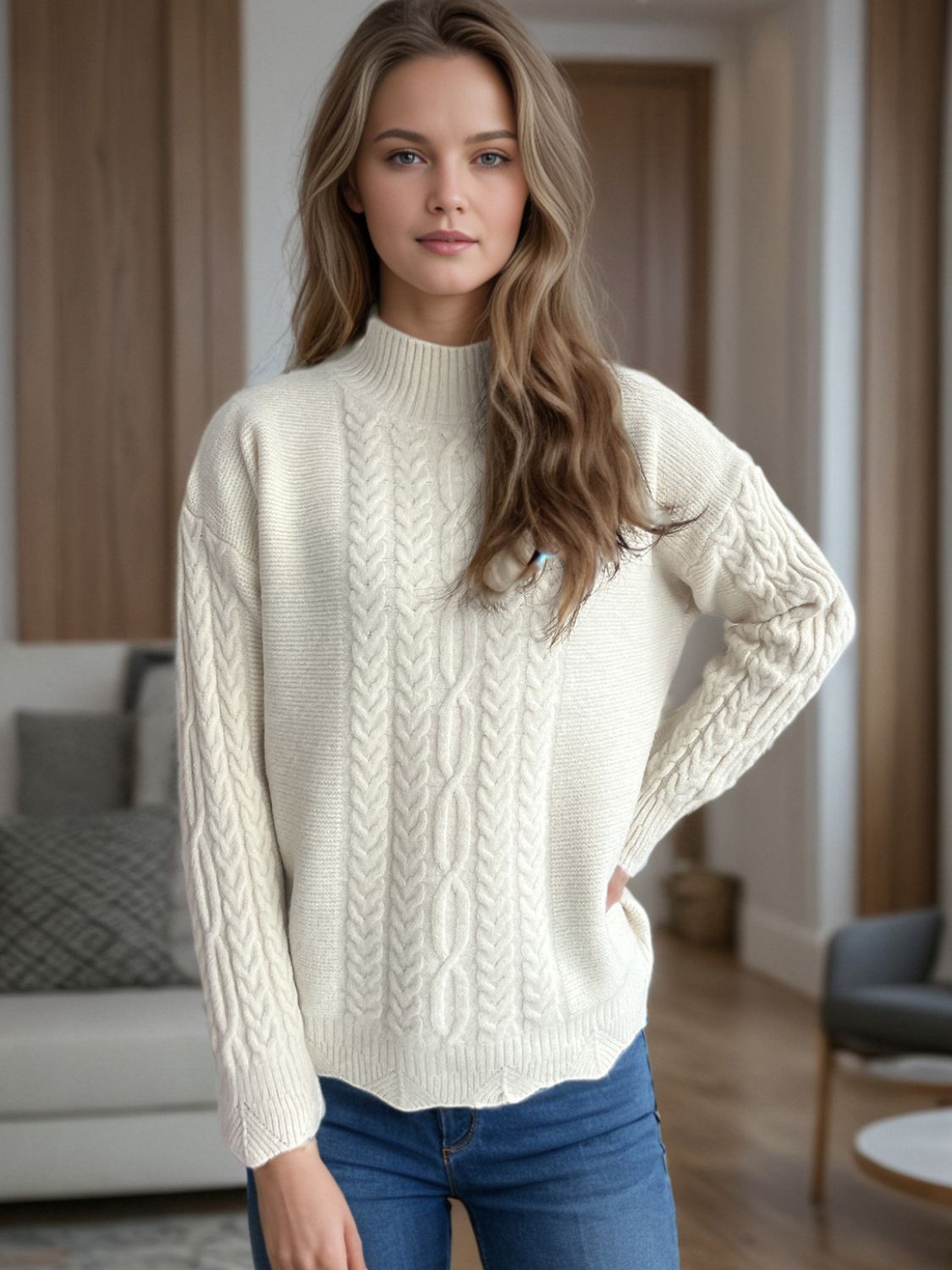 Outfit Flow - Cable-Knit Mock Neck Dropped Shoulder Sweater