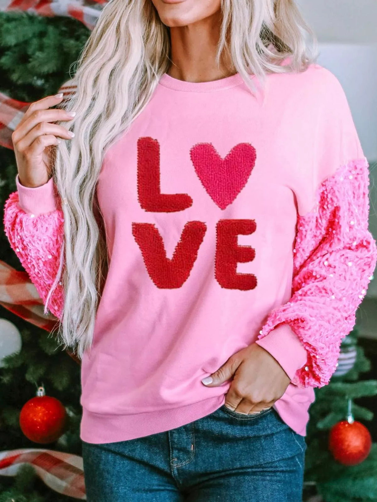 Sequin Round Neck Long Sleeve Sweatshirt Pink OutfitFlow