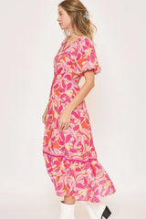 Umgee Floral Notched Puff Sleeve Midi Dress OutfitFlow