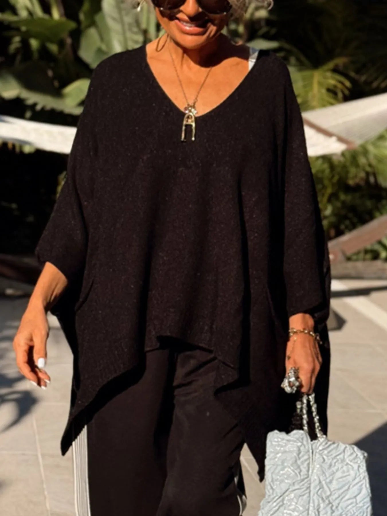Ribbed Hem V-Neck Sweater OutfitFlow