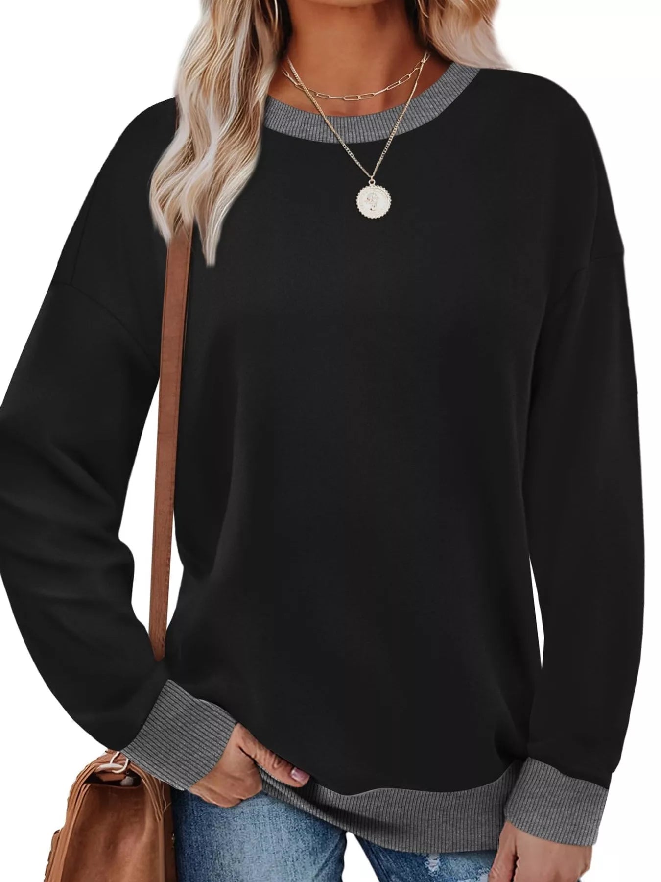Contrast Trim Crew Neck Casual Sweatshirt Black OutfitFlow
