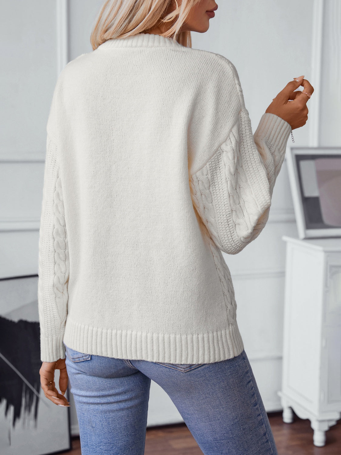 Outfit Flow - Cable-Knit Round Neck Long Sleeve Sweater