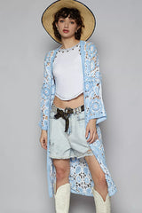 POL Open Front Crochet Cardigan with Knit Weave Patterns Blue One Size OutfitFlow