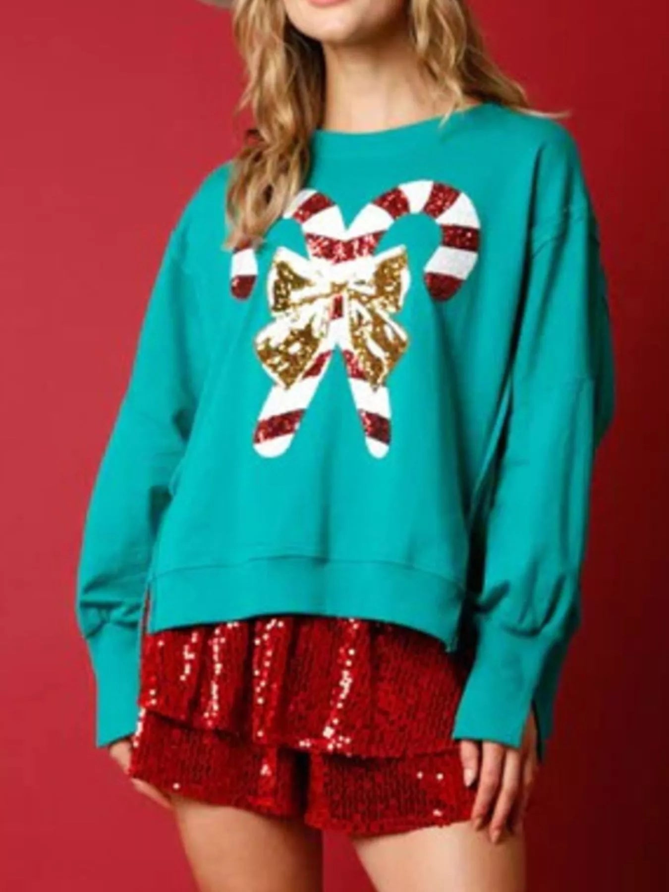 Christmas Candy Cane Bow Dropped Shoulder Sweatshirt OutfitFlow