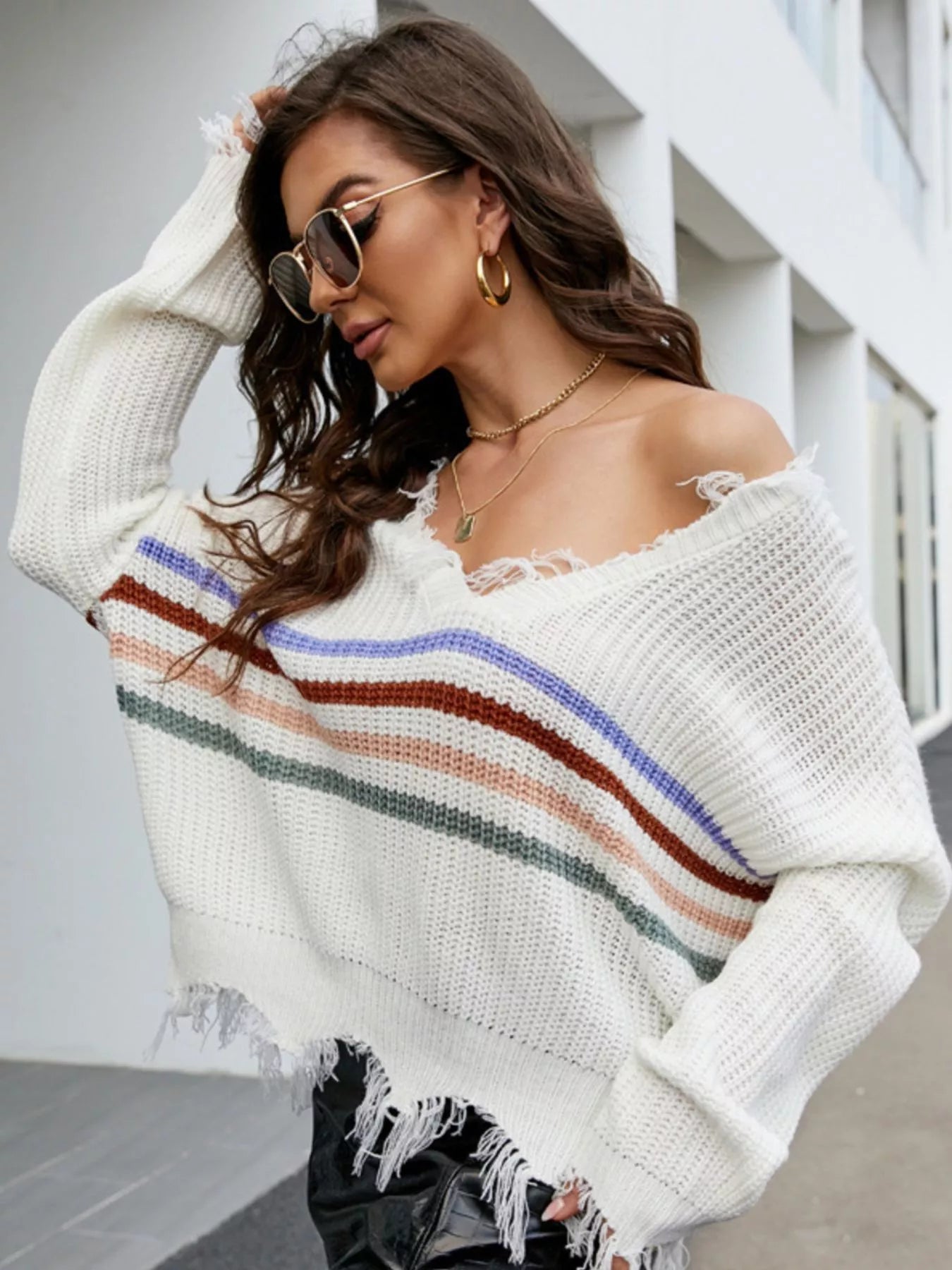 Frayed Hem Long Sleeve Sweater White OutfitFlow