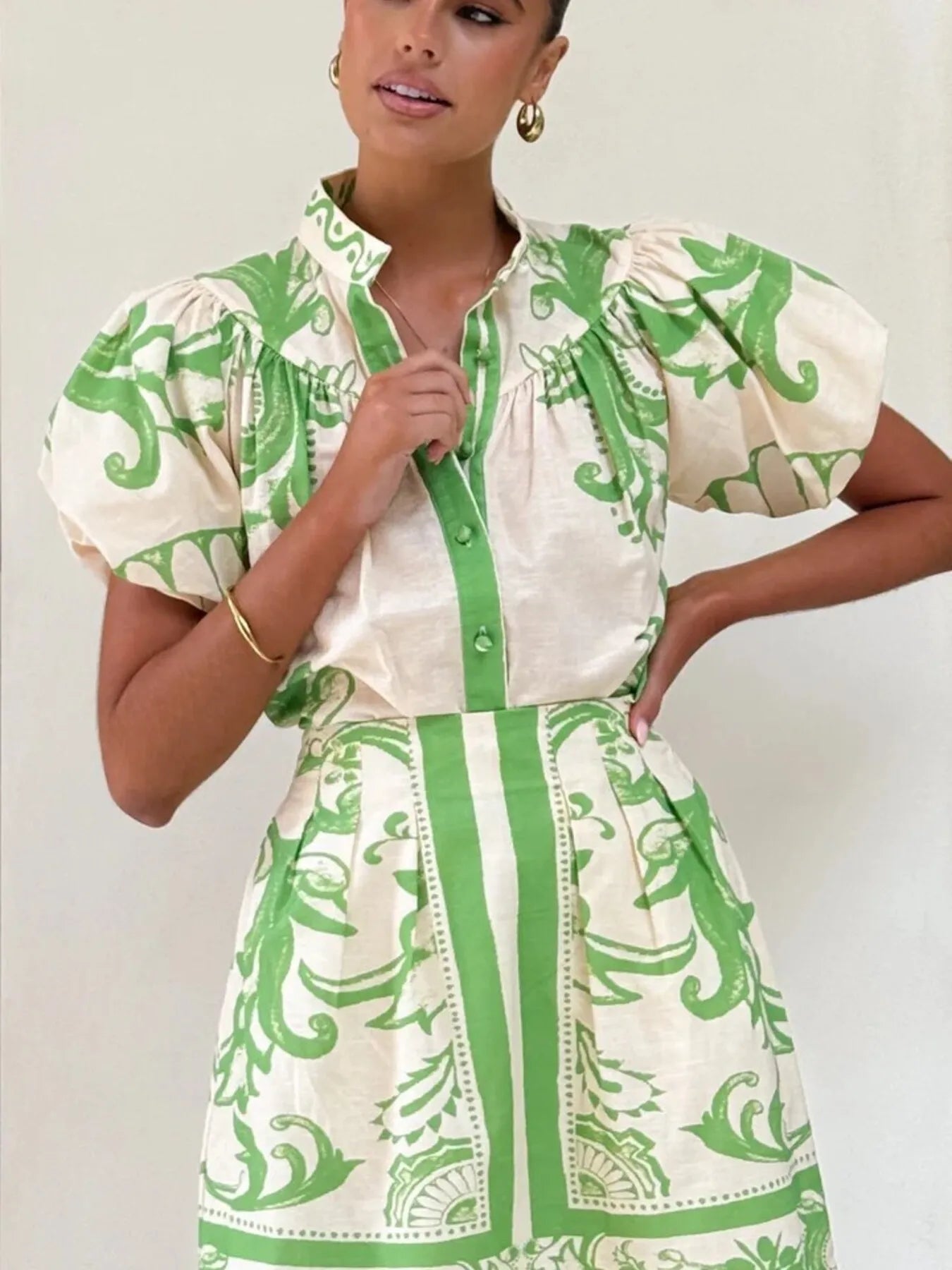 Puff Sleeve Printed Top and Zip Back Skirt Set Light Green OutfitFlow