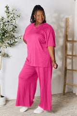 Double Take Full Size Round Neck Slit Top and Pants Set OutfitFlow