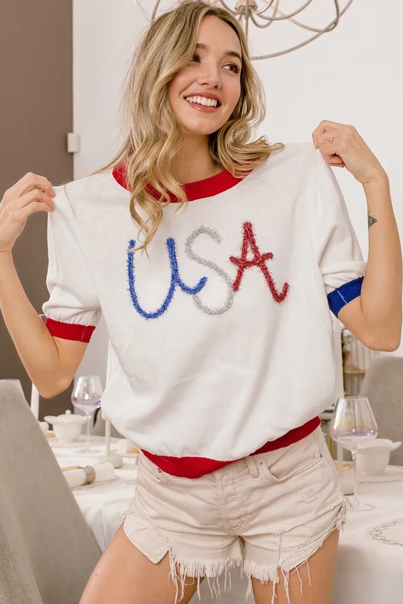BiBi USA Metallic Letter Color Block Knit Top OutfitFlow