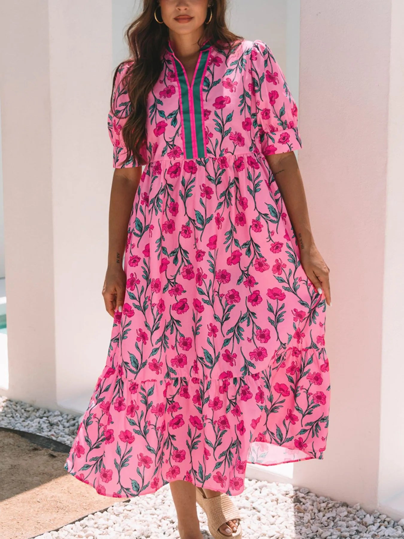 Floral Contrast Neckline A-line Puff Sleeve Dress Hot Pink OutfitFlow
