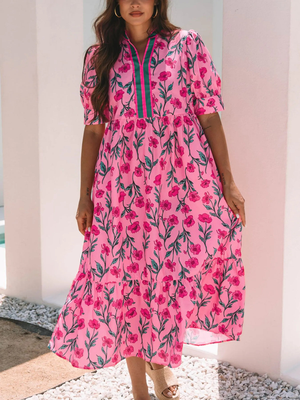 Floral Contrast Neckline A-line Puff Sleeve Dress Hot Pink OutfitFlow