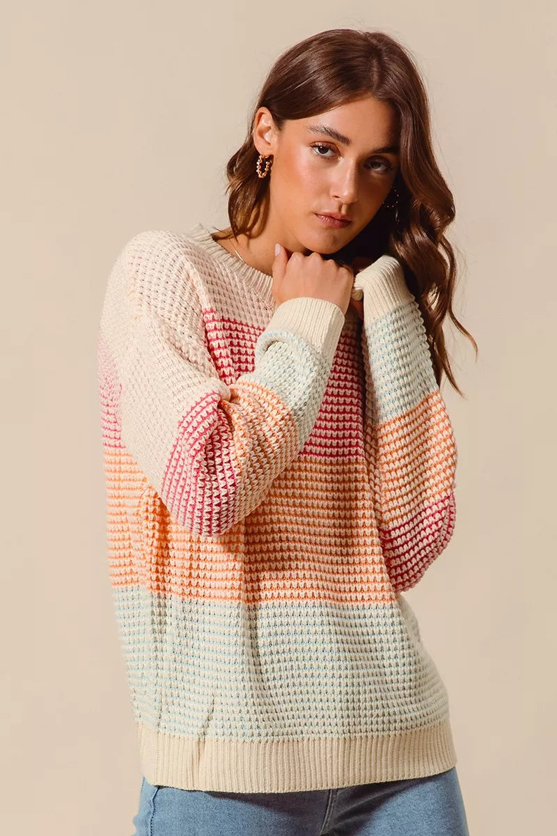 SO ME Multi Color Block Long Sleeve Sweater OutfitFlow