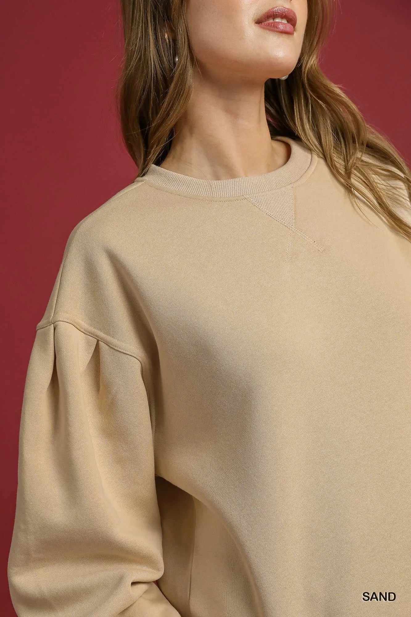 Umgee Round Neck Sweatshirt with Pleated Detail OutfitFlow
