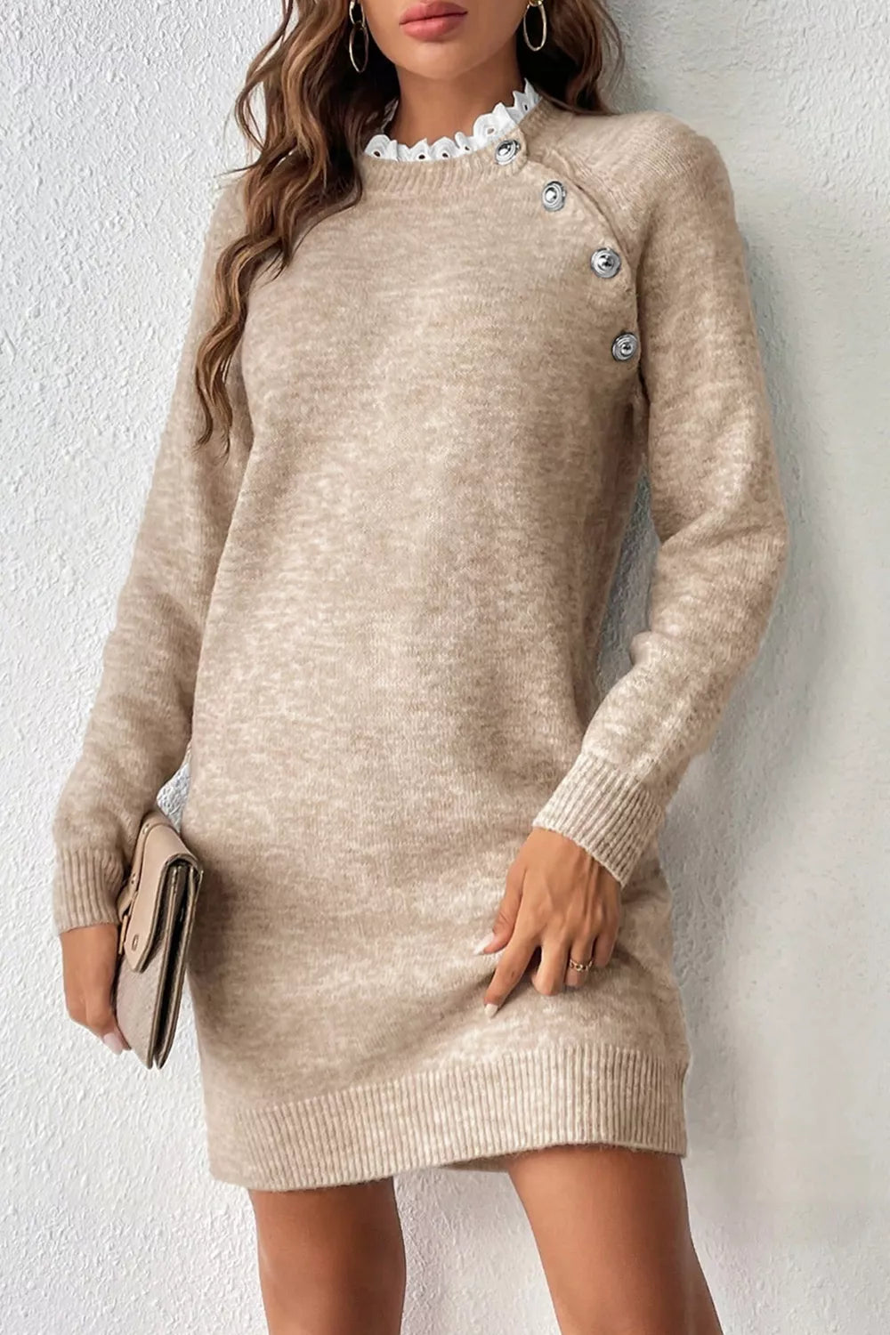 Ribbed Hem Raglan Sleeve Sweater Dress OutfitFlow