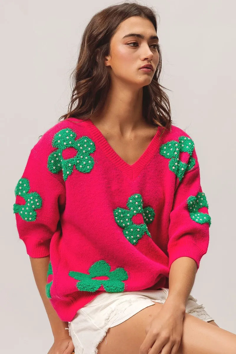 BiBi Pearl Beads Flowers Sweater Top OutfitFlow