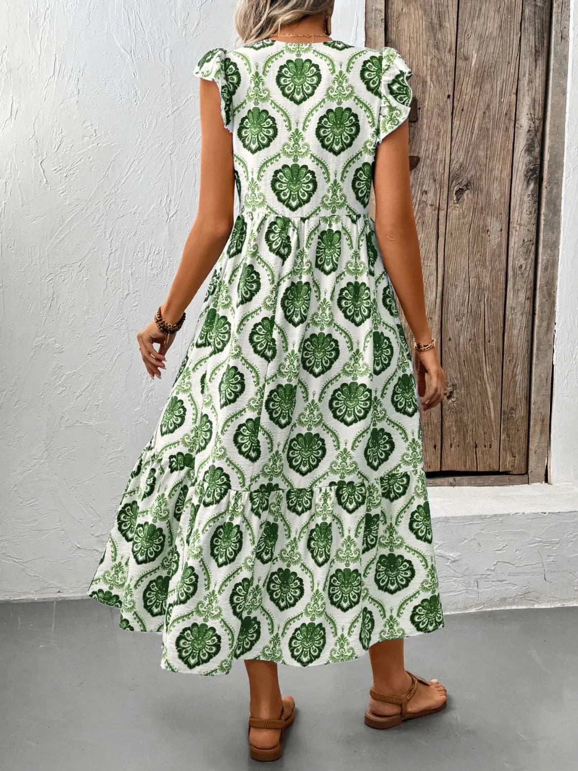 Ruffled Printed V-Neck Cap Sleeve Dress OutfitFlow