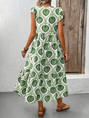 Ruffled Printed V-Neck Cap Sleeve Dress OutfitFlow