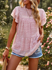 Printed Ruffle Sleeve Babydoll Blouse OutfitFlow