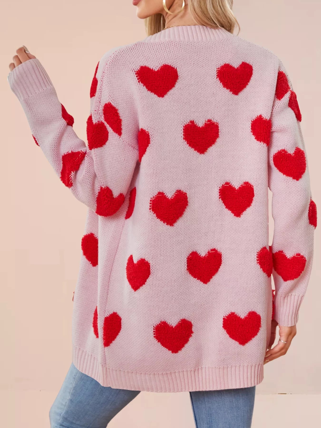 Heart Pattern Knit Button-Up Cardigan OutfitFlow