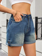 High Waist Rolled Hem Gradient Denim Shorts OutfitFlow