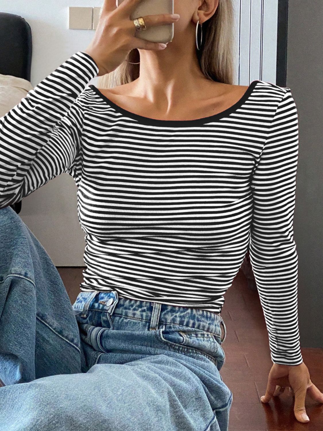 Devine Backless Striped Boat Neck Long Sleeve T-Shirt Black OutfitFlow