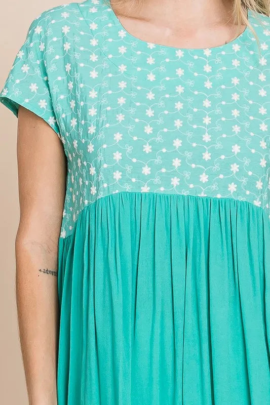 Lime 'N' Chili Full Size Embroidered Short Sleeve Pleated Babydoll Top Plus Size OutfitFlow