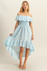 HYFVE High-Low Eyelet Ruffled Off-Shoulder Dress OutfitFlow