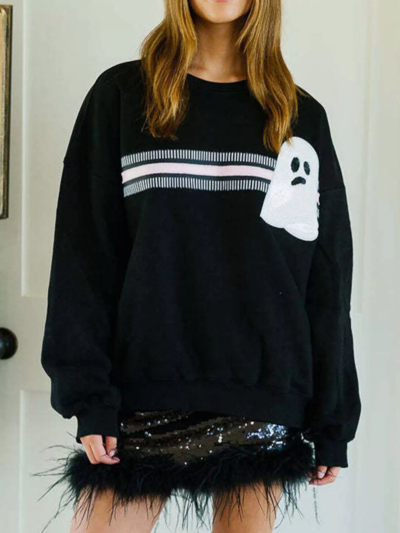 Halloween Sequin Round Neck Sweatshirt OutfitFlow