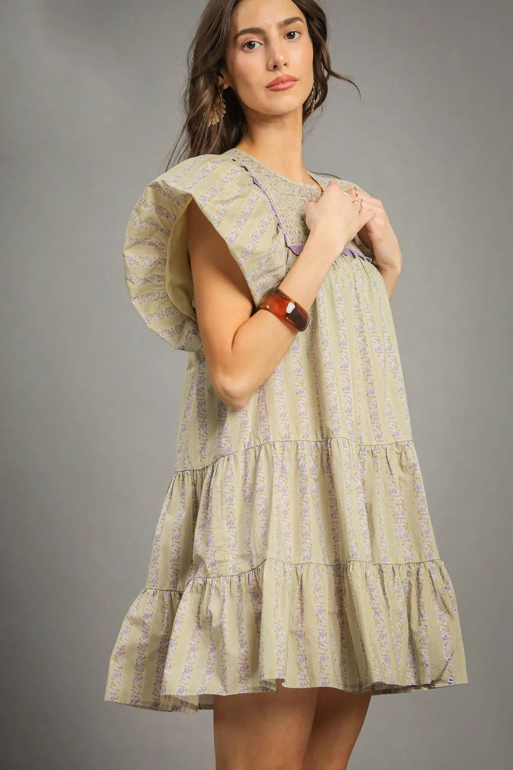 Umgee Floral Ruffled Cap Sleeve Tiered Mini Dress OutfitFlow