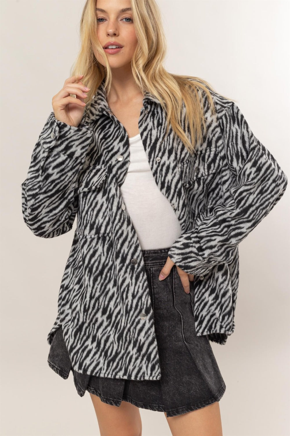 HYFVE Zebra Print Snap Down Long Sleeve Jacket