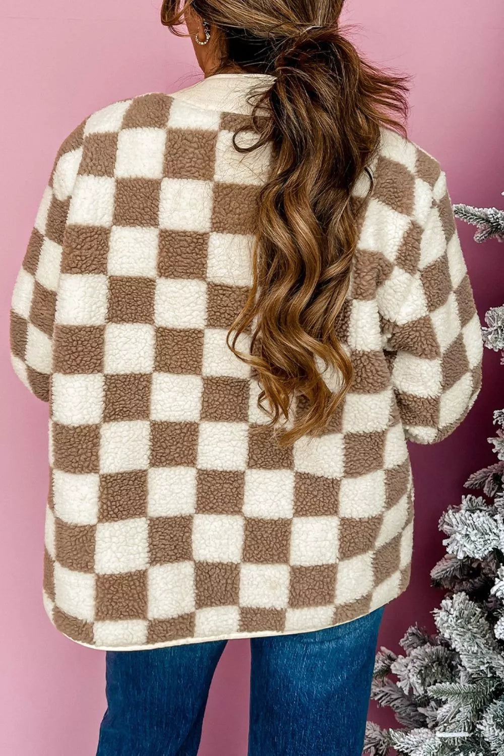 Checkered Sherpa Oversized Button Up Jacket Trendsi