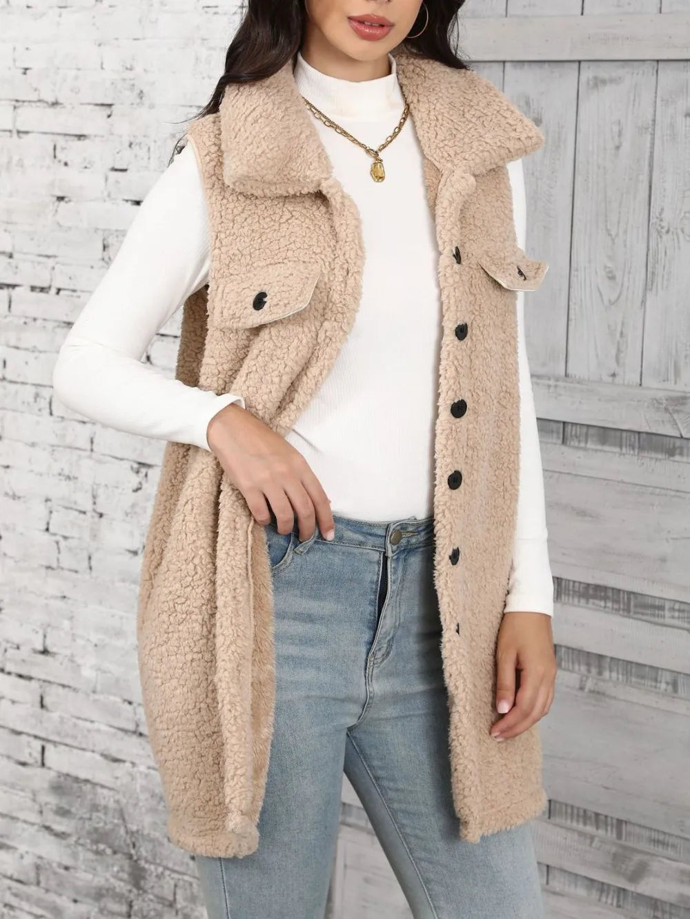 Button Up Teddy Vest Coat Trendsi