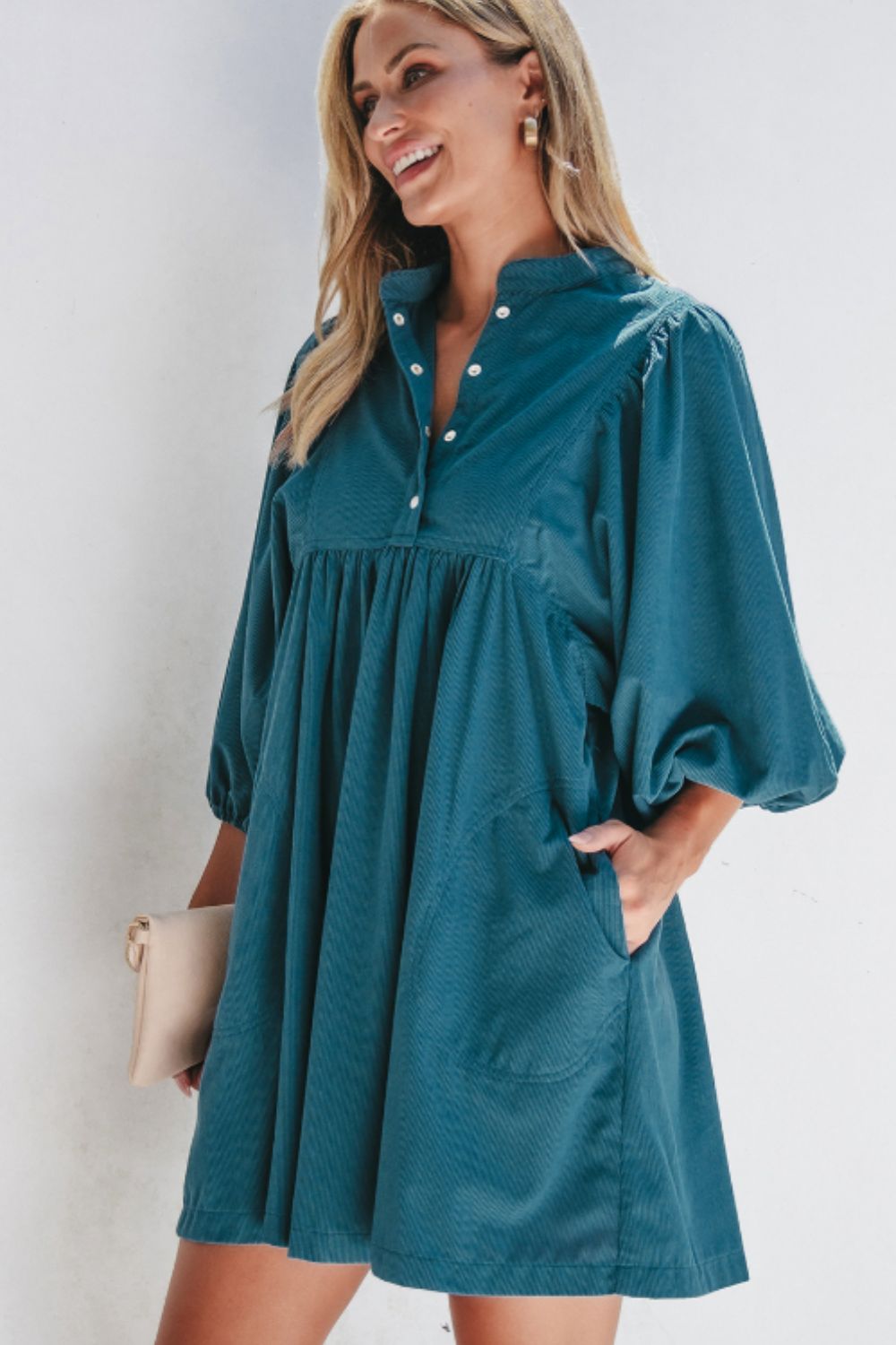 Corduroy Quarter Snap Three-Quarter Sleeve Dress OutfitFlow
