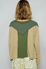 POL Color Block Notched Long Sleeve T-Shirt OutfitFlow